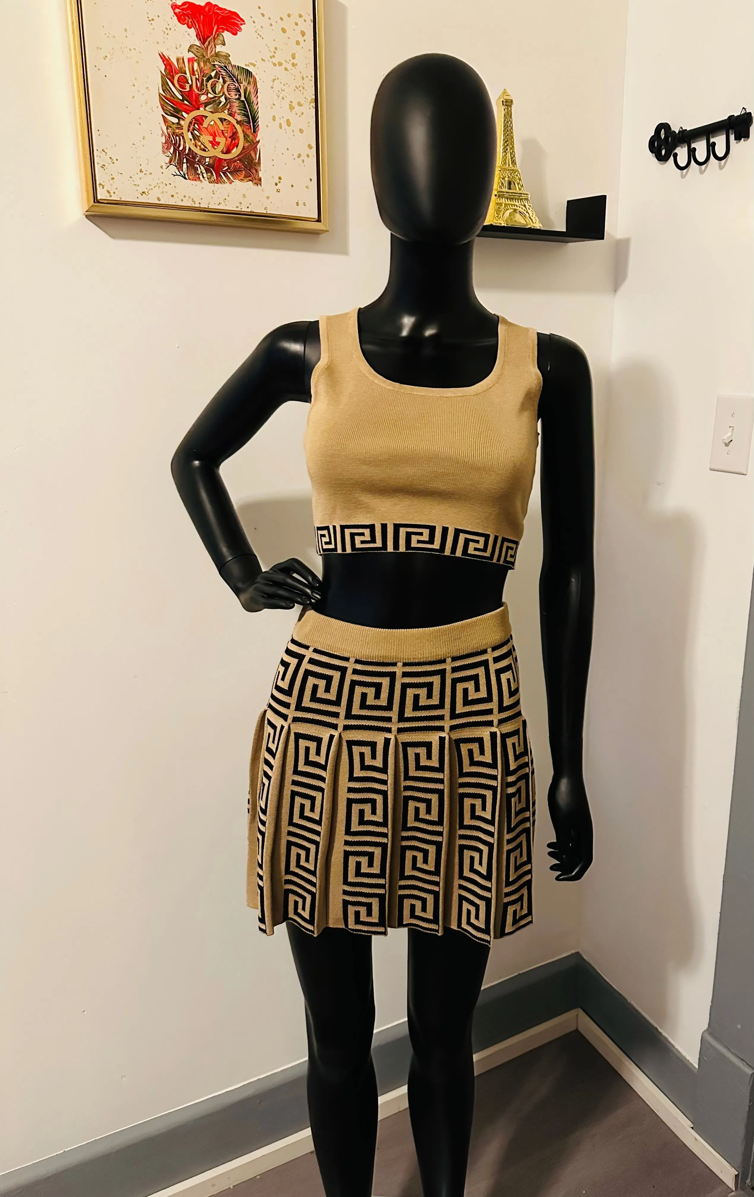 Always A Moment Khaki Maze Printed  2-Piece Knit Tank Bra Top & Pleated Skirt Set