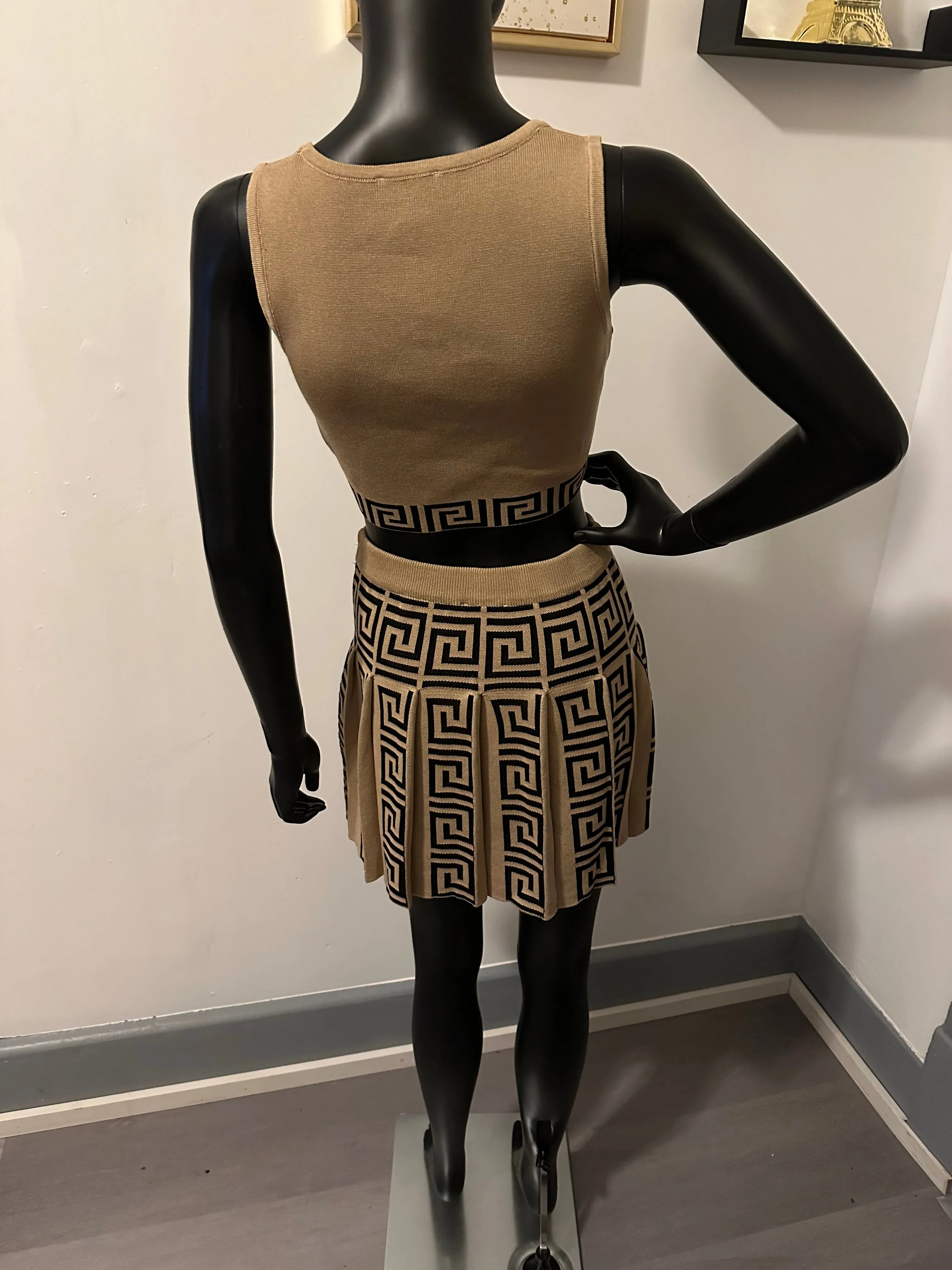 Always A Moment Khaki Maze Printed  2-Piece Knit Tank Bra Top & Pleated Skirt Set
