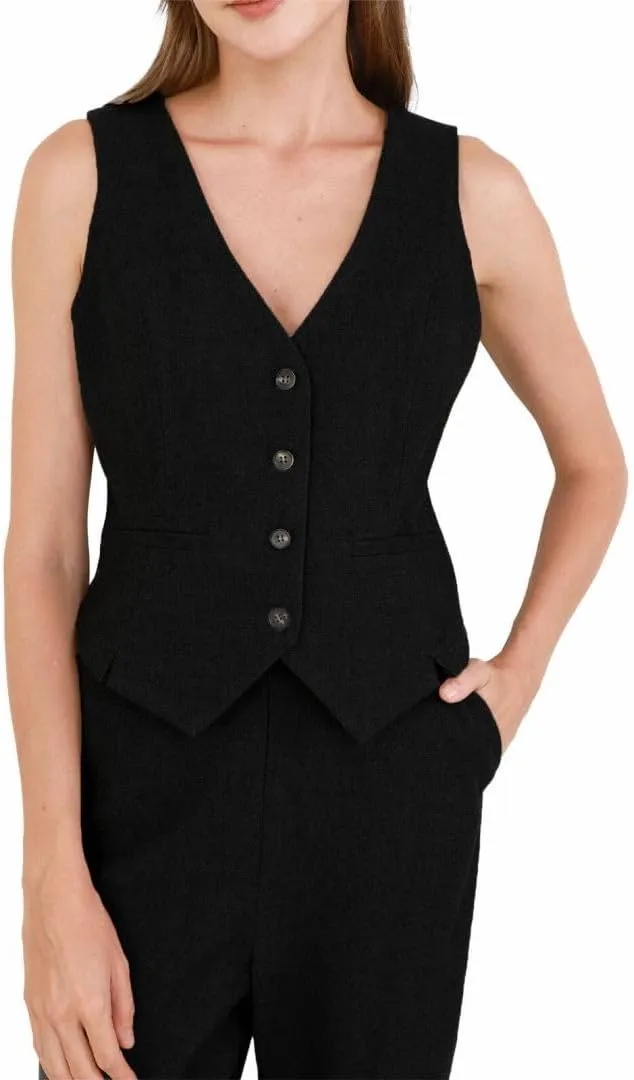 Amazhiyu Women's Wool Button-up Sleeveless Waistcoat Vest Crop Top with Pockets