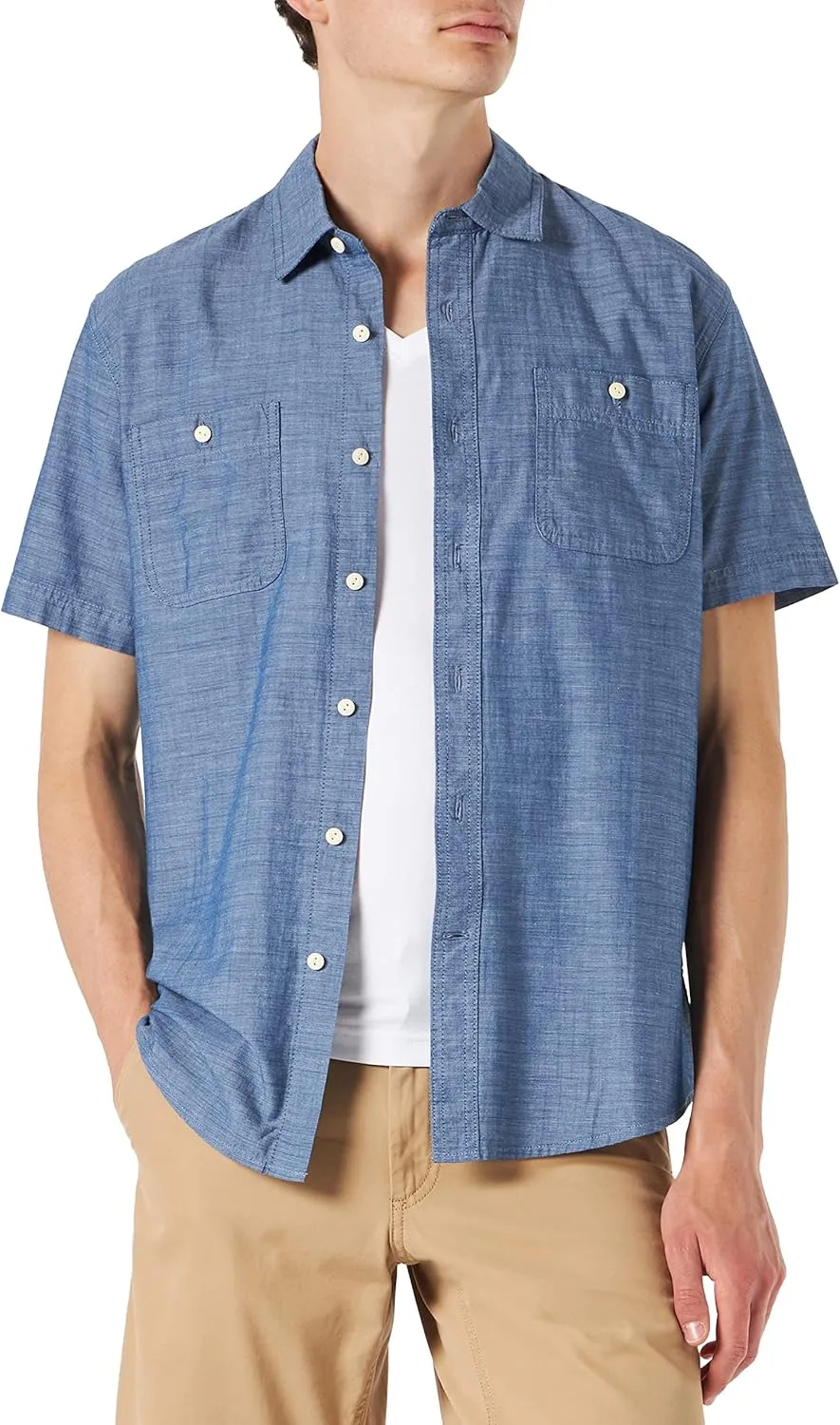Amazon Essentials Men's Regular-Fit, Short-Sleeve Button-Down Chambray Shirt