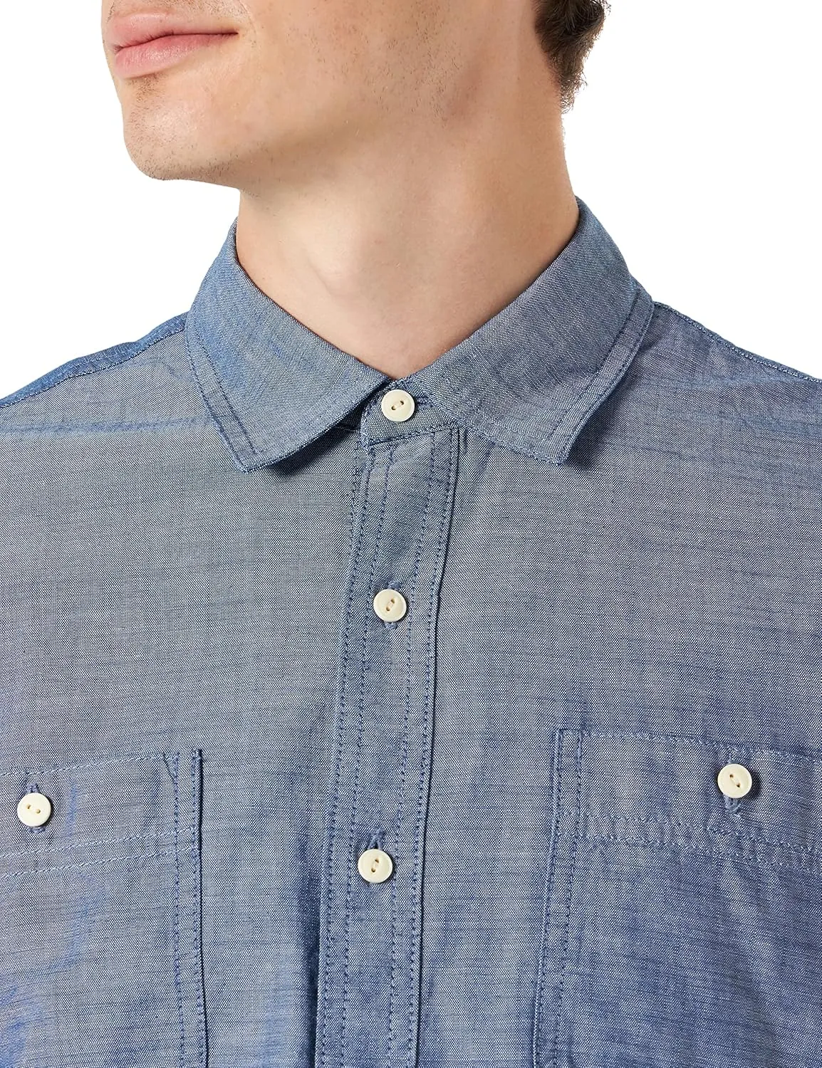 Amazon Essentials Men's Regular-Fit, Short-Sleeve Button-Down Chambray Shirt