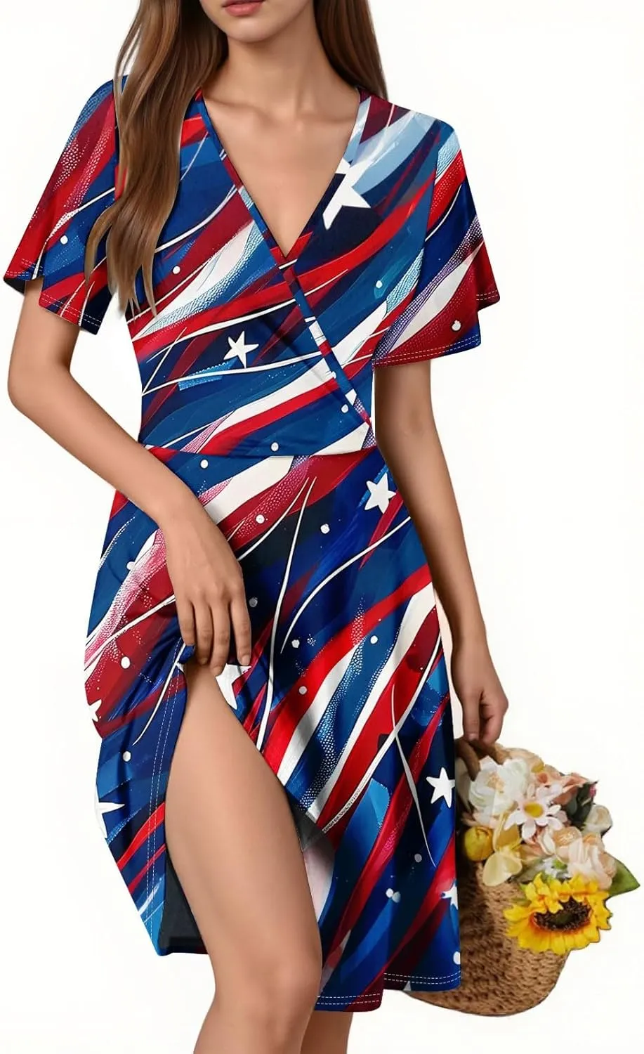 American Flag Dress Women 4th of July Patriotic USA Stars Stripes Midi Dresses Sexy Deep V- Neck Short Sleeve Summer Sundress