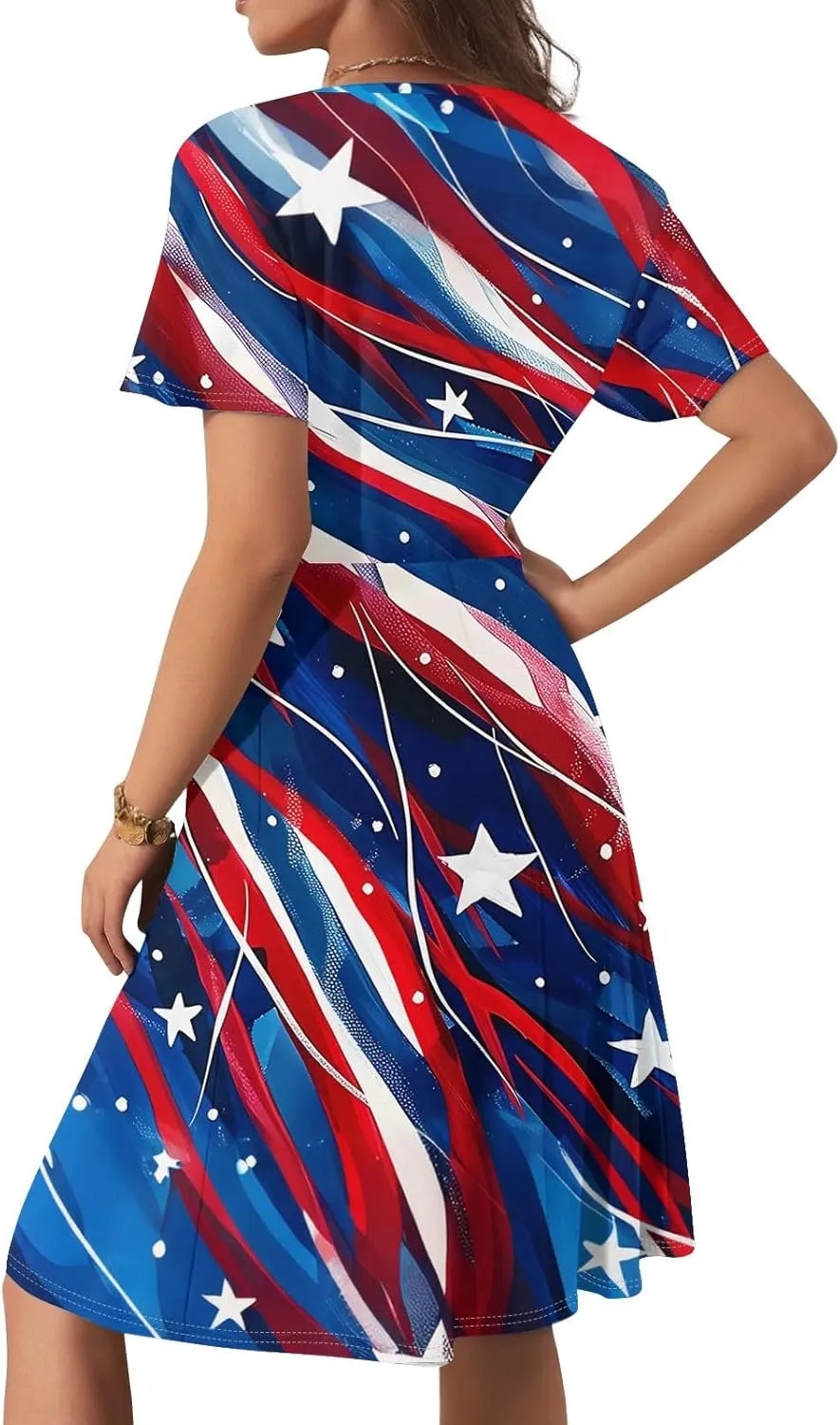 American Flag Dress Women 4th of July Patriotic USA Stars Stripes Midi Dresses Sexy Deep V- Neck Short Sleeve Summer Sundress