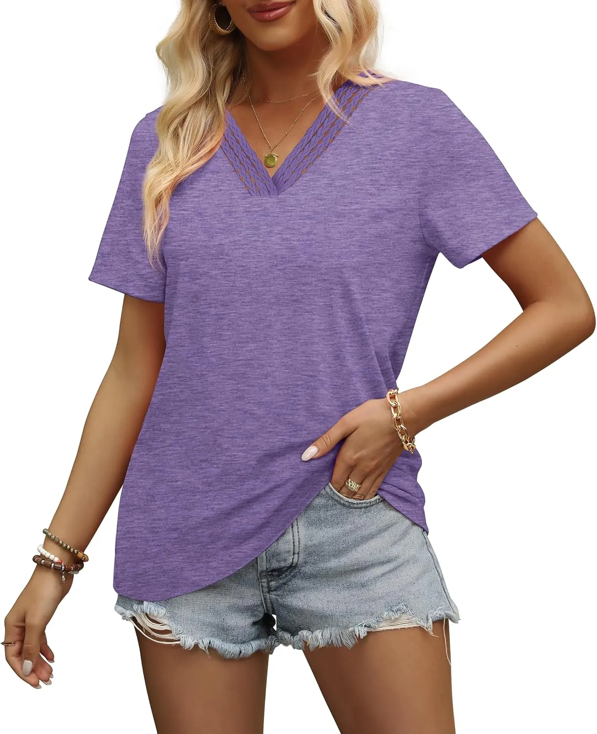 Aokosor Womens Summer Tops 2025 Trendy Crochet V Neck Tee Shirts Short Sleeve Casual