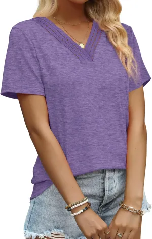 Aokosor Womens Summer Tops 2025 Trendy Crochet V Neck Tee Shirts Short Sleeve Casual
