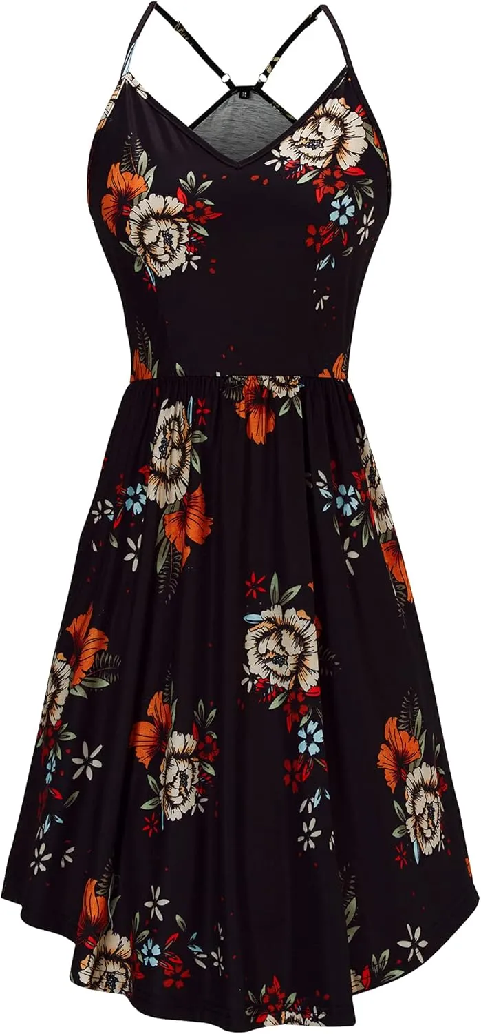 Arach&Cloz Women's V-Neck Spaghetti Strap Sundress Floral Casual Summer Swing Beach Dress with Pockets