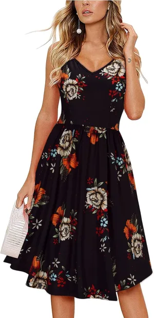 Arach&Cloz Women's V-Neck Spaghetti Strap Sundress Floral Casual Summer Swing Beach Dress with Pockets