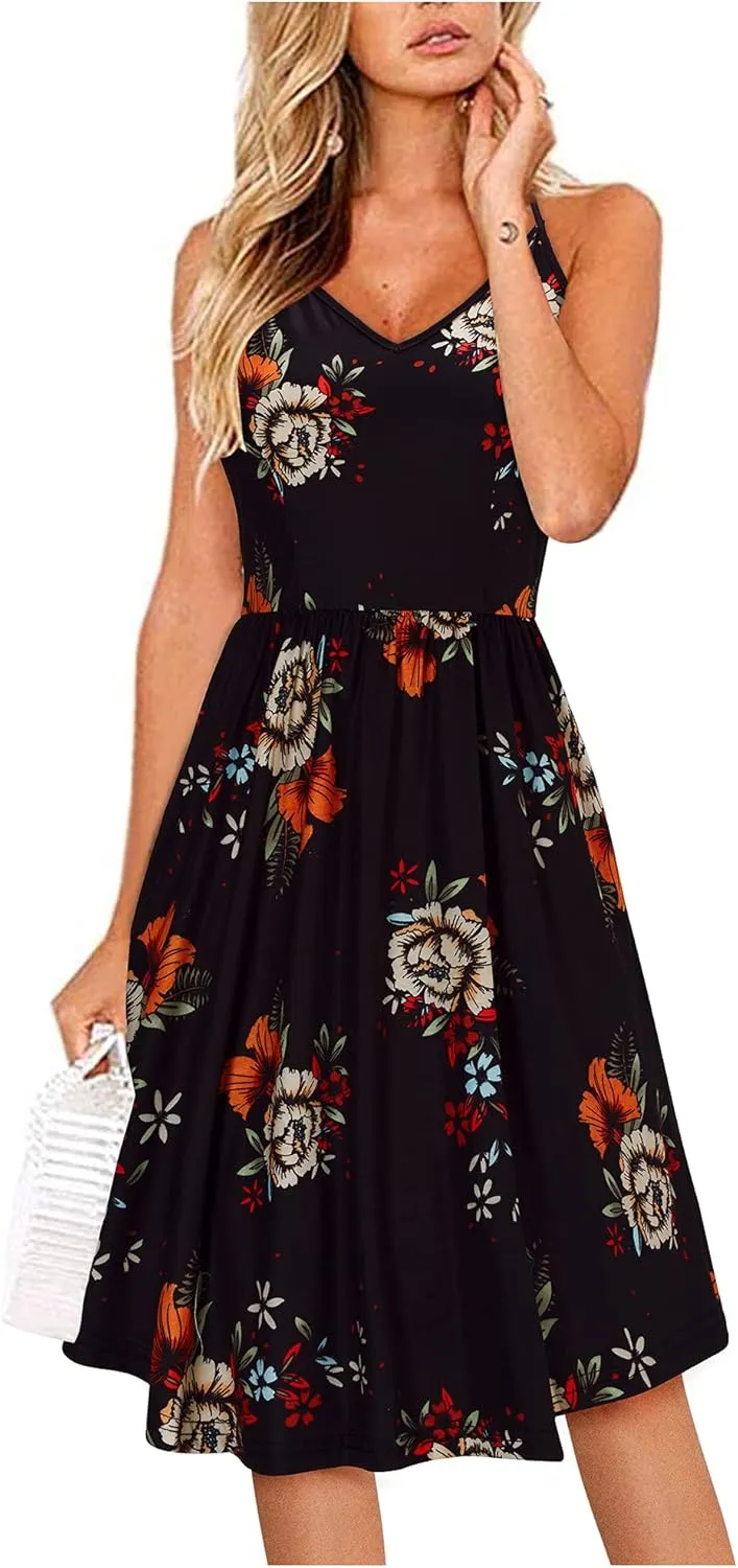 Arach&Cloz Women's V-Neck Spaghetti Strap Sundress Floral Casual Summer Swing Beach Dress with Pockets