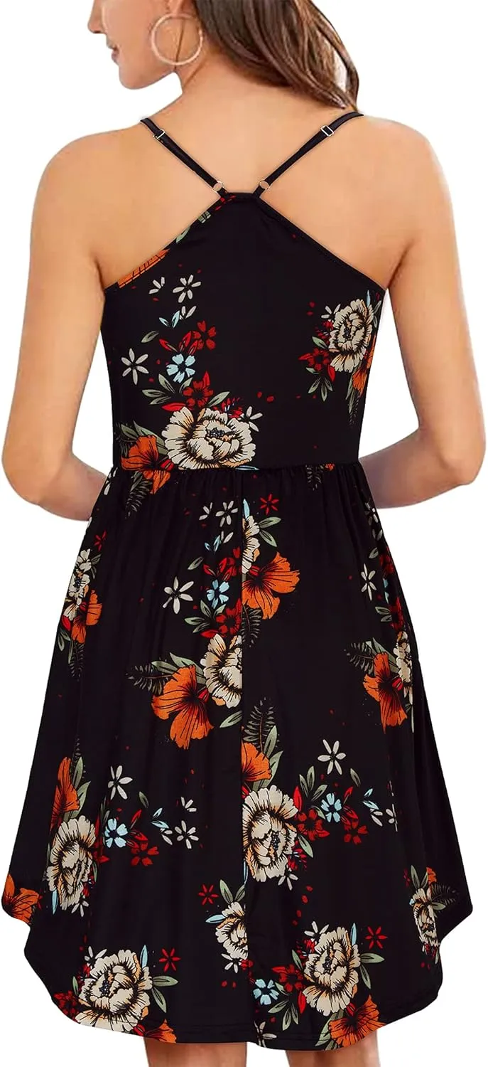 Arach&Cloz Women's V-Neck Spaghetti Strap Sundress Floral Casual Summer Swing Beach Dress with Pockets
