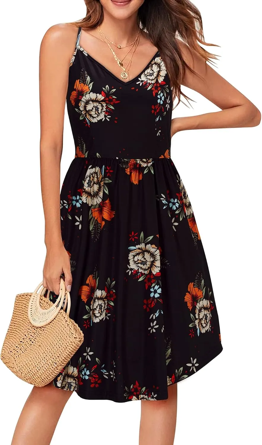 Arach&Cloz Women's V-Neck Spaghetti Strap Sundress Floral Casual Summer Swing Beach Dress with Pockets
