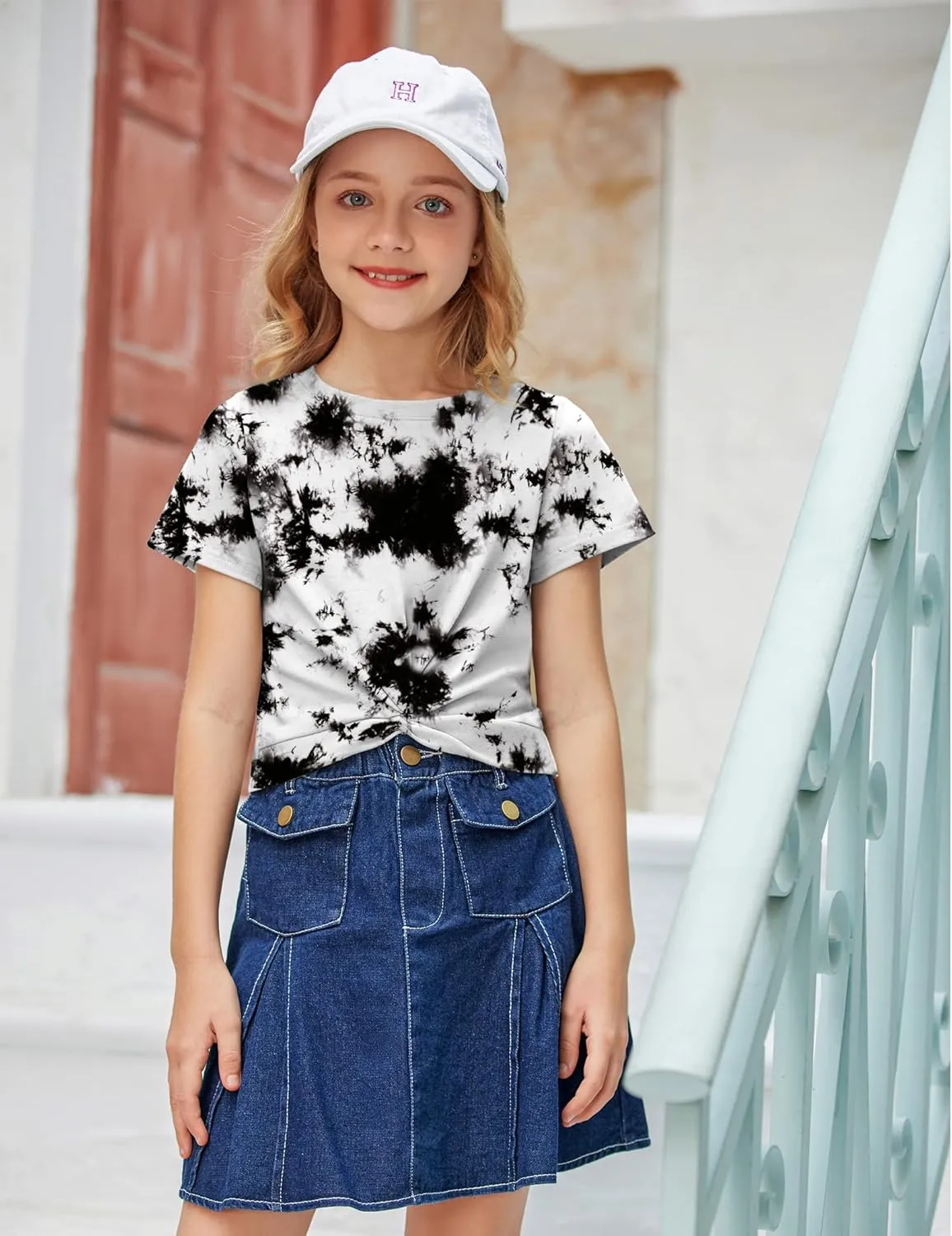 Arshiner Girls Casual Tie Dye Short-Sleeve T-Shirt Cute Print Summer Blouse for Girls Twist Front Tunic Tee Tops