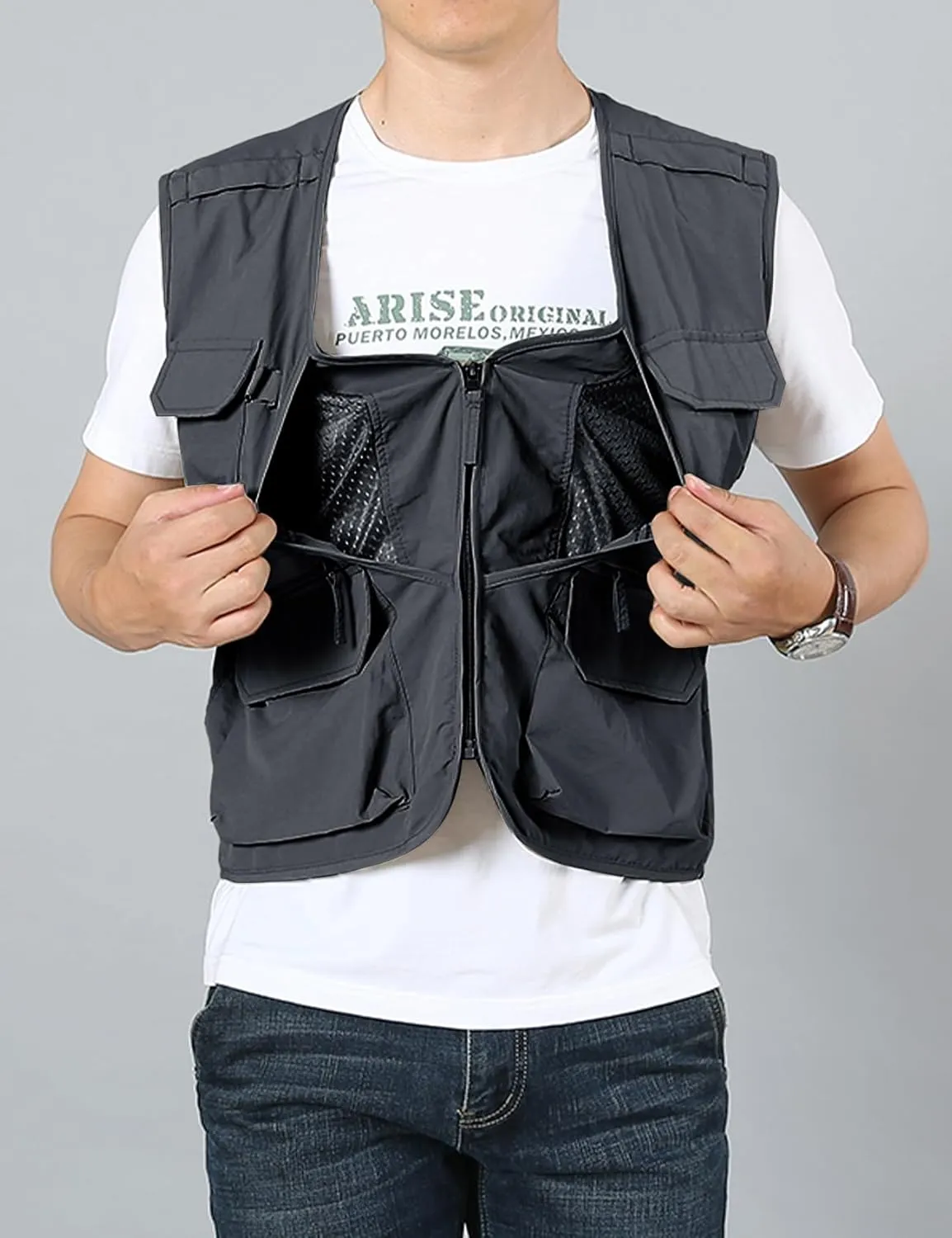Arssm Men's Fishing Vest Outdoor Cargo Safari Hiking Travel Casual Lightweight Utility Vest With Pockets