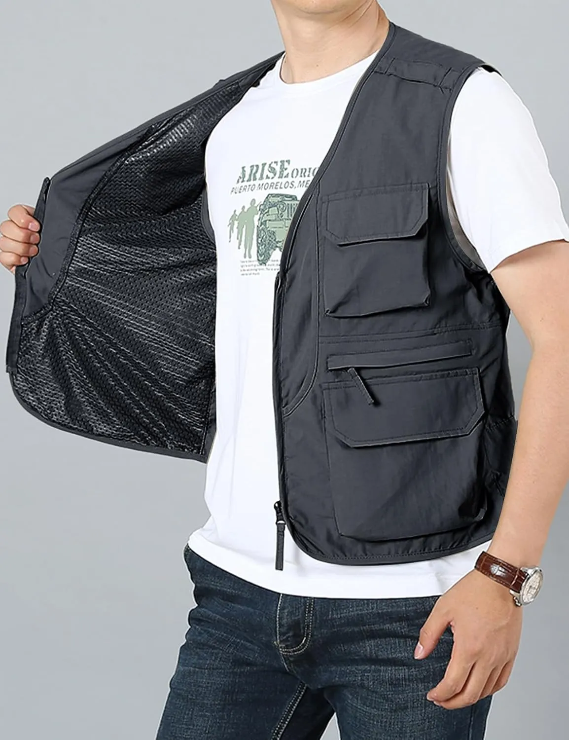 Arssm Men's Fishing Vest Outdoor Cargo Safari Hiking Travel Casual Lightweight Utility Vest With Pockets