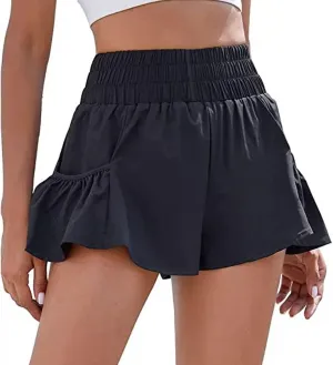 Athletic Skorts for Women Ruffle Hem Elastic High Waisted Running Workout Skirt Wide Leg Lightweight Gym Shorts with Pockets