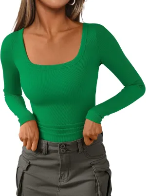 AUTOMET Womens Long Sleeve Shirts Square Neck Tops Ribbed Knit Fitted Casual Basic Tees Slim Fit Fall Outfits Fashion Clothes