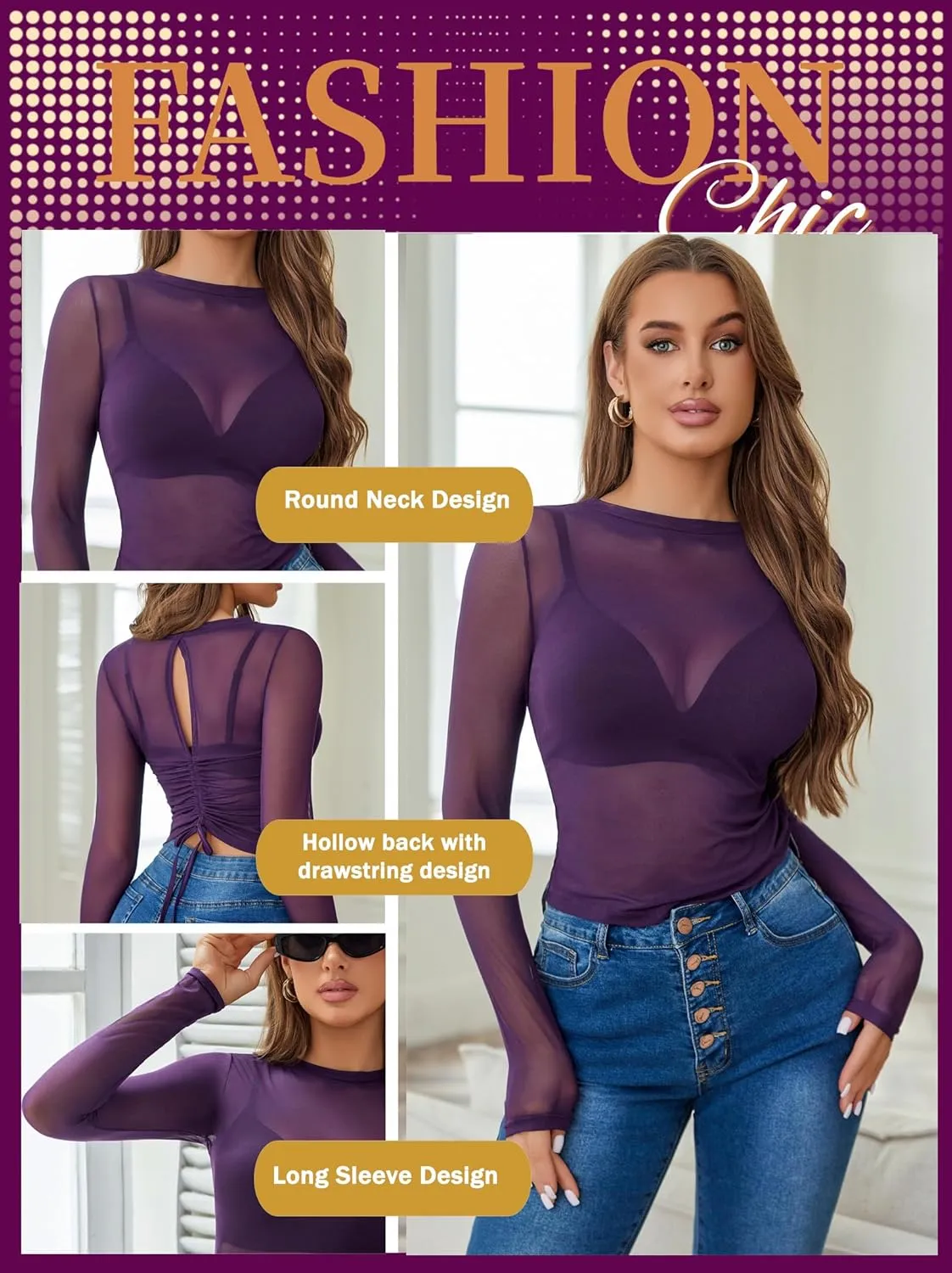Avidlove Mesh Top for Women Long Sleeve Round Neck Tee Shirt See Through Sheer Blouse Back Hollow Drawstring Slim Fit Shirt