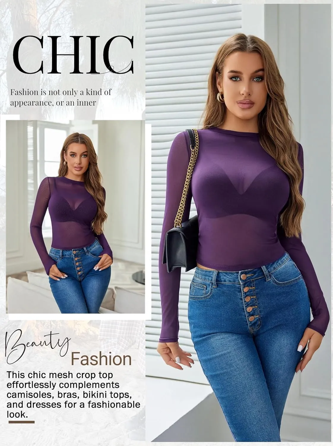 Avidlove Mesh Top for Women Long Sleeve Round Neck Tee Shirt See Through Sheer Blouse Back Hollow Drawstring Slim Fit Shirt