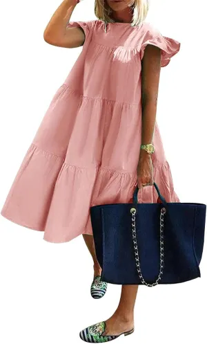 Baby Doll Dress Sundresses Boho Dress Women's Sleeveless Ruffle Sleeve Round Neck Loose Short Flowy Mini Dresses