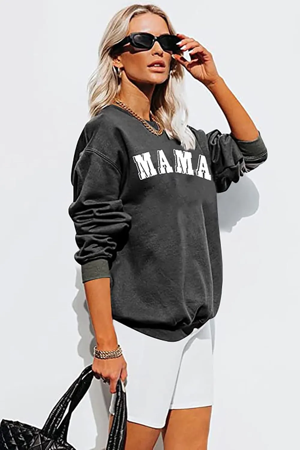 BANGELY Oversized Mama Sweatshirt Women Mom Life Letter Print Pullover Top Casual Crewneck Long sleeve Lightweight Tee