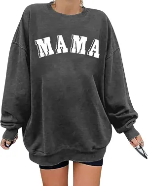 BANGELY Oversized Mama Sweatshirt Women Mom Life Letter Print Pullover Top Casual Crewneck Long sleeve Lightweight Tee
