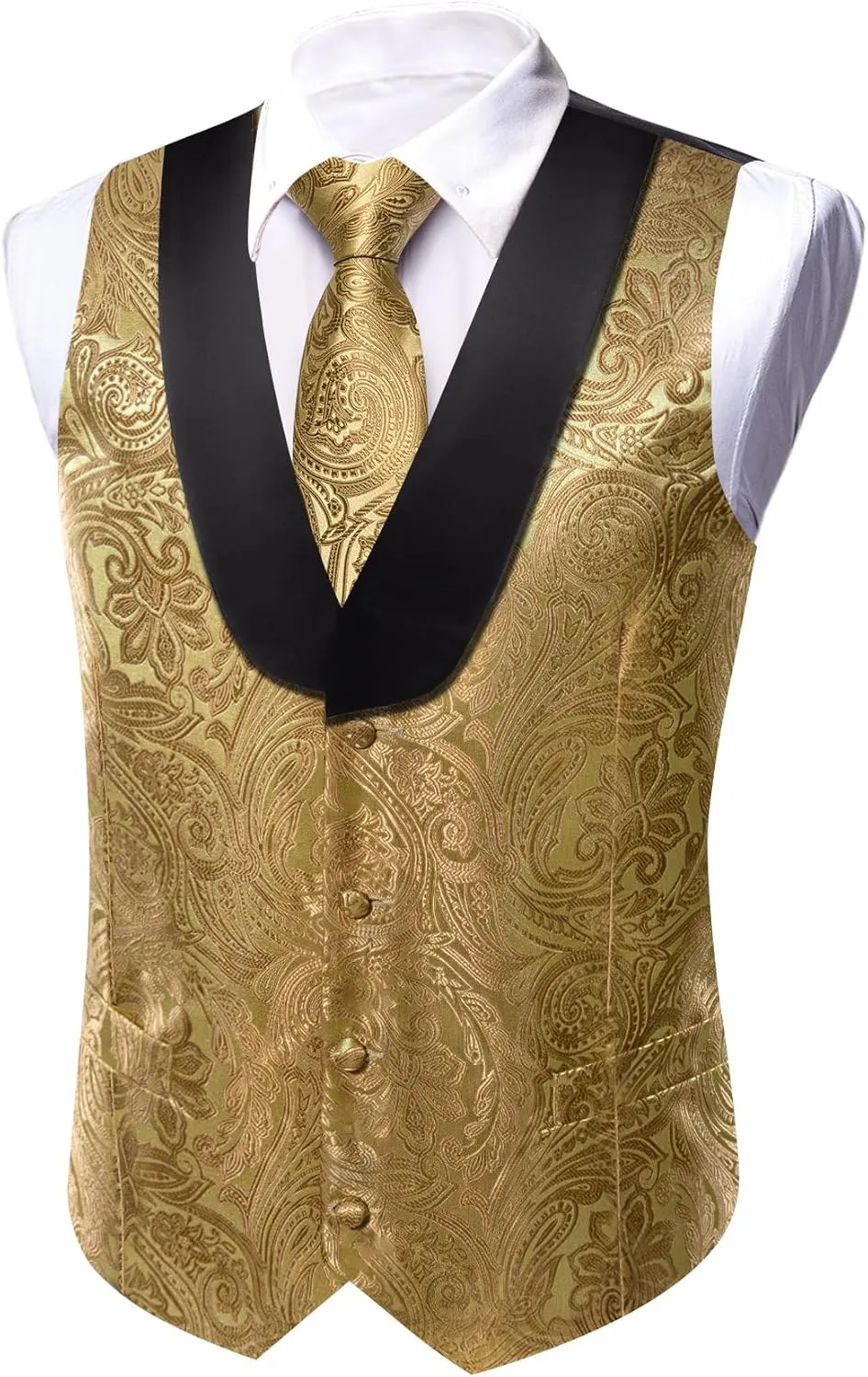 Barry.Wang Mens Paisley Vest Tie Set Silk Jacquard Flower Shawl Collar Suit Waistcoat Tuxedo 6PC Wedding Party