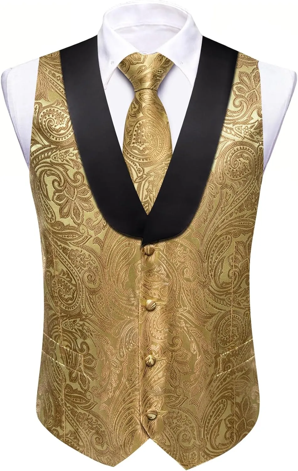 Barry.Wang Mens Paisley Vest Tie Set Silk Jacquard Flower Shawl Collar Suit Waistcoat Tuxedo 6PC Wedding Party
