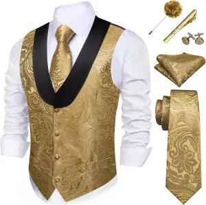 Barry.Wang Mens Paisley Vest Tie Set Silk Jacquard Flower Shawl Collar Suit Waistcoat Tuxedo 6PC Wedding Party