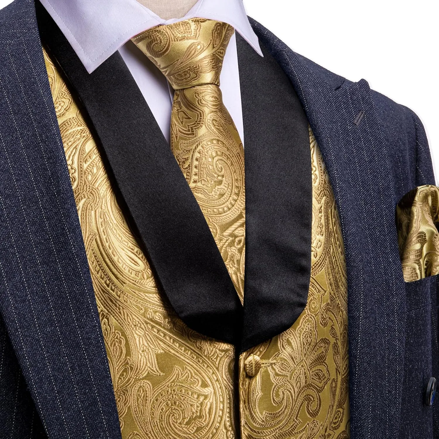 Barry.Wang Mens Paisley Vest Tie Set Silk Jacquard Flower Shawl Collar Suit Waistcoat Tuxedo 6PC Wedding Party