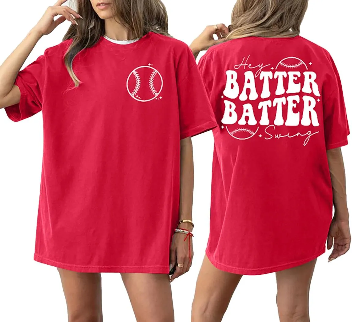 Baseball Shirts Women Oversized: Baseball Mom Tshirt Hey Batter Batter Swing Graphic Tee Ballparks Tops