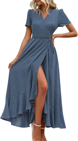 BAXLIMEK Maxi Dresses for Women,2025 Spring Summer Elegant V Neck Short Sleeve Beach Dress,Flowy Ruched Vacation Boho Dress