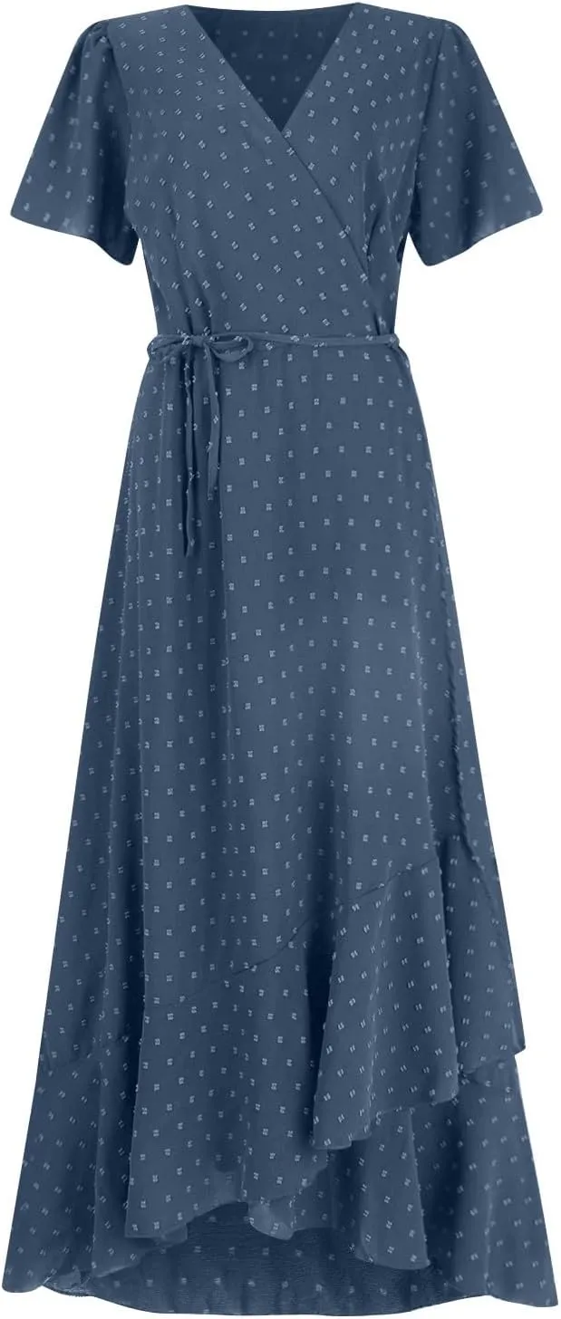 BAXLIMEK Maxi Dresses for Women,2025 Spring Summer Elegant V Neck Short Sleeve Beach Dress,Flowy Ruched Vacation Boho Dress