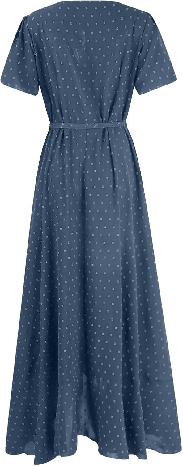 BAXLIMEK Maxi Dresses for Women,2025 Spring Summer Elegant V Neck Short Sleeve Beach Dress,Flowy Ruched Vacation Boho Dress