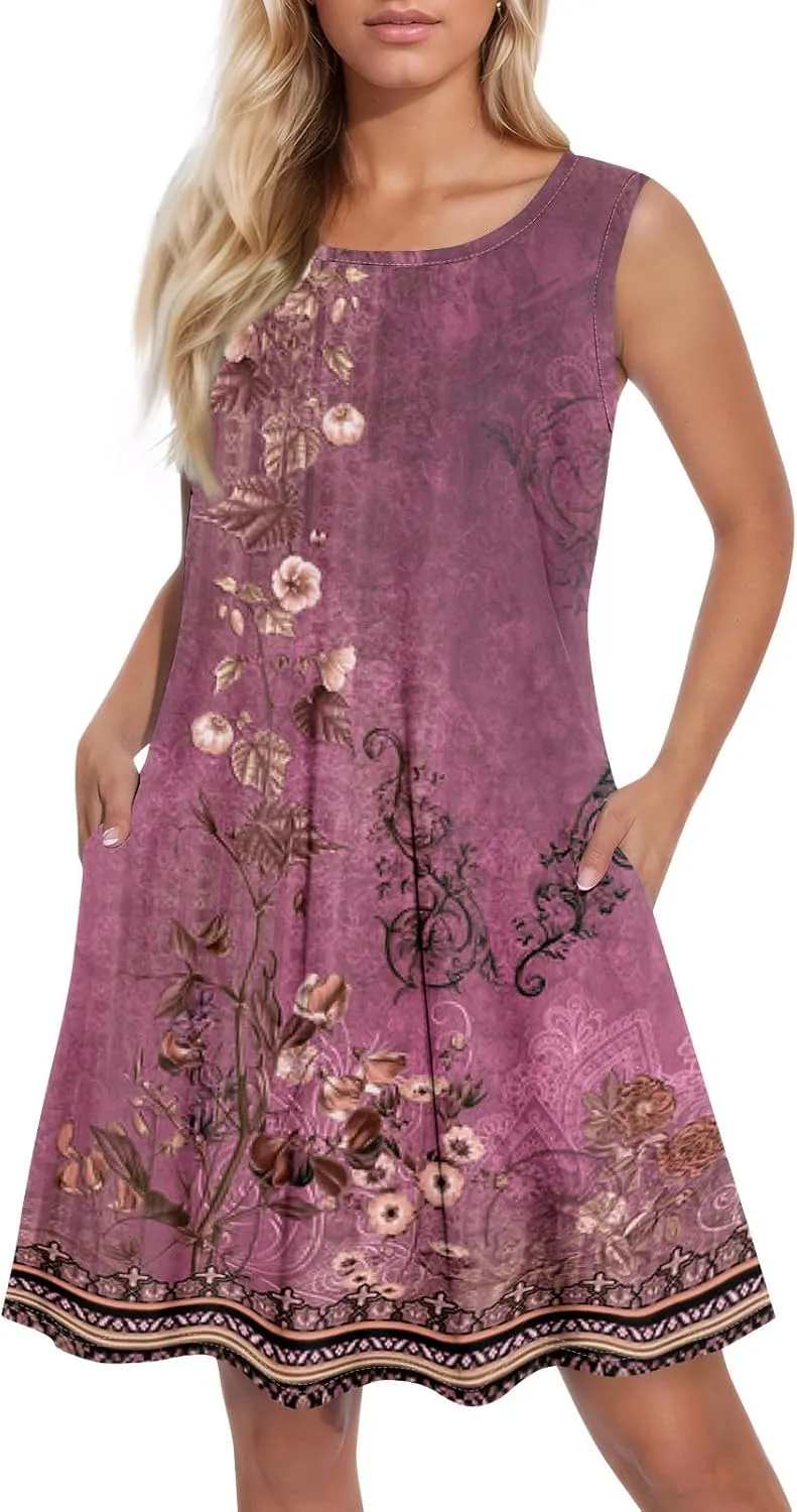BAXLIMEK Sundresses for Women,2025 Spring Summer Trendy Floral Print Beach Dress Casual Loose Tank Mini Dress with Pockets