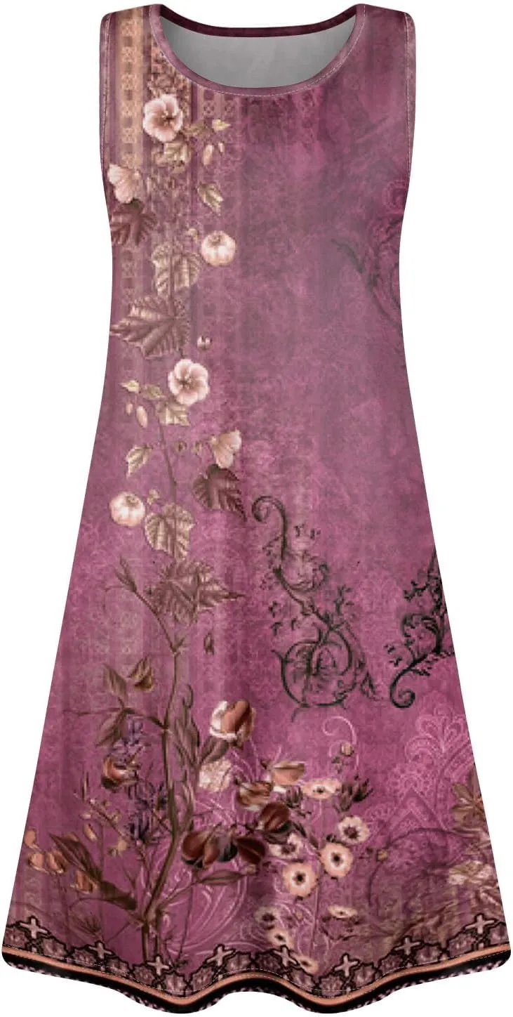 BAXLIMEK Sundresses for Women,2025 Spring Summer Trendy Floral Print Beach Dress Casual Loose Tank Mini Dress with Pockets