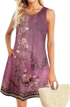BAXLIMEK Sundresses for Women,2025 Spring Summer Trendy Floral Print Beach Dress Casual Loose Tank Mini Dress with Pockets