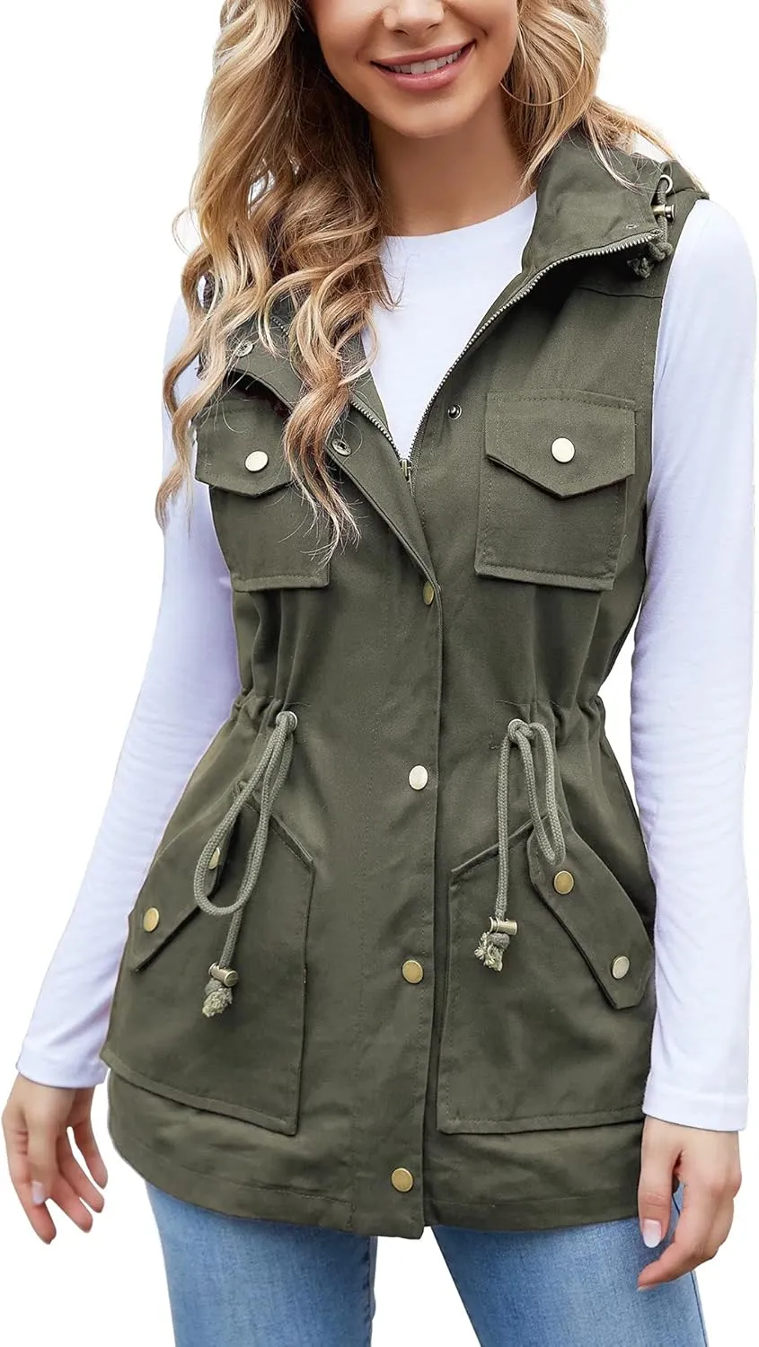 BBX Lephsnt Womens Utility Vest Drawstring Waist Military Sleeveless Jacket