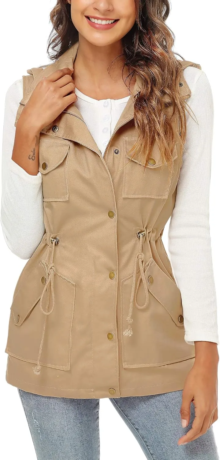 BBX Lephsnt Womens Utility Vest Drawstring Waist Military Sleeveless Jacket
