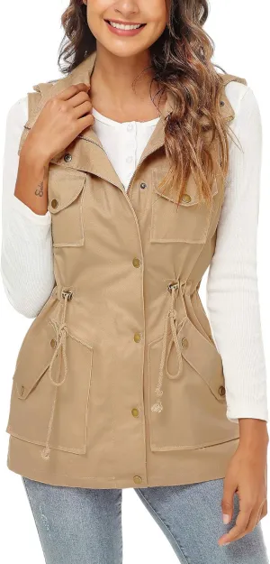 BBX Lephsnt Womens Utility Vest Drawstring Waist Military Sleeveless Jacket