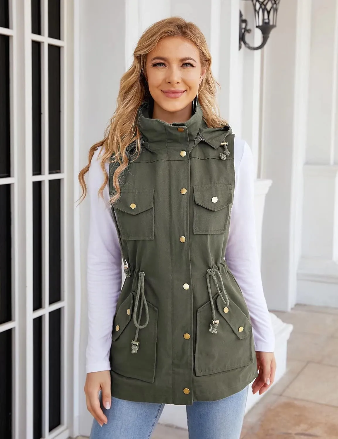 BBX Lephsnt Womens Utility Vest Drawstring Waist Military Sleeveless Jacket
