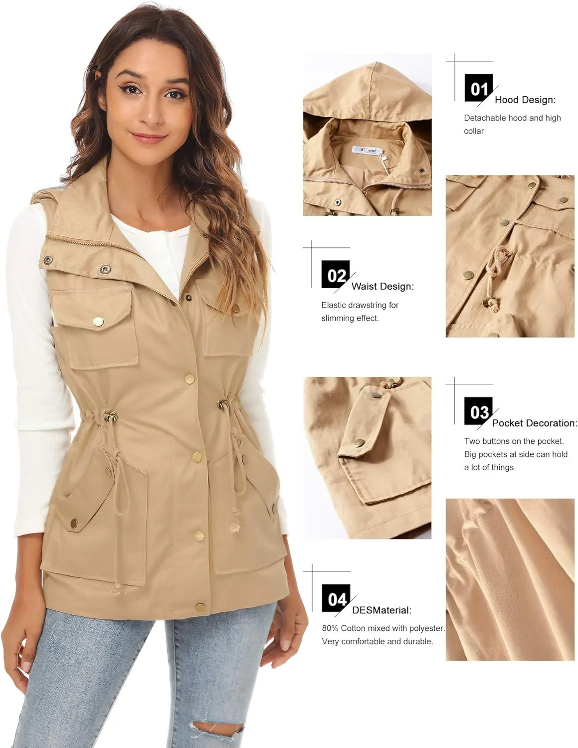 BBX Lephsnt Womens Utility Vest Drawstring Waist Military Sleeveless Jacket