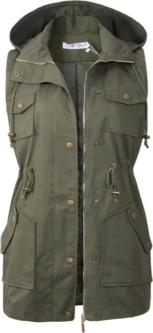 BBX Lephsnt Womens Utility Vest Drawstring Waist Military Sleeveless Jacket