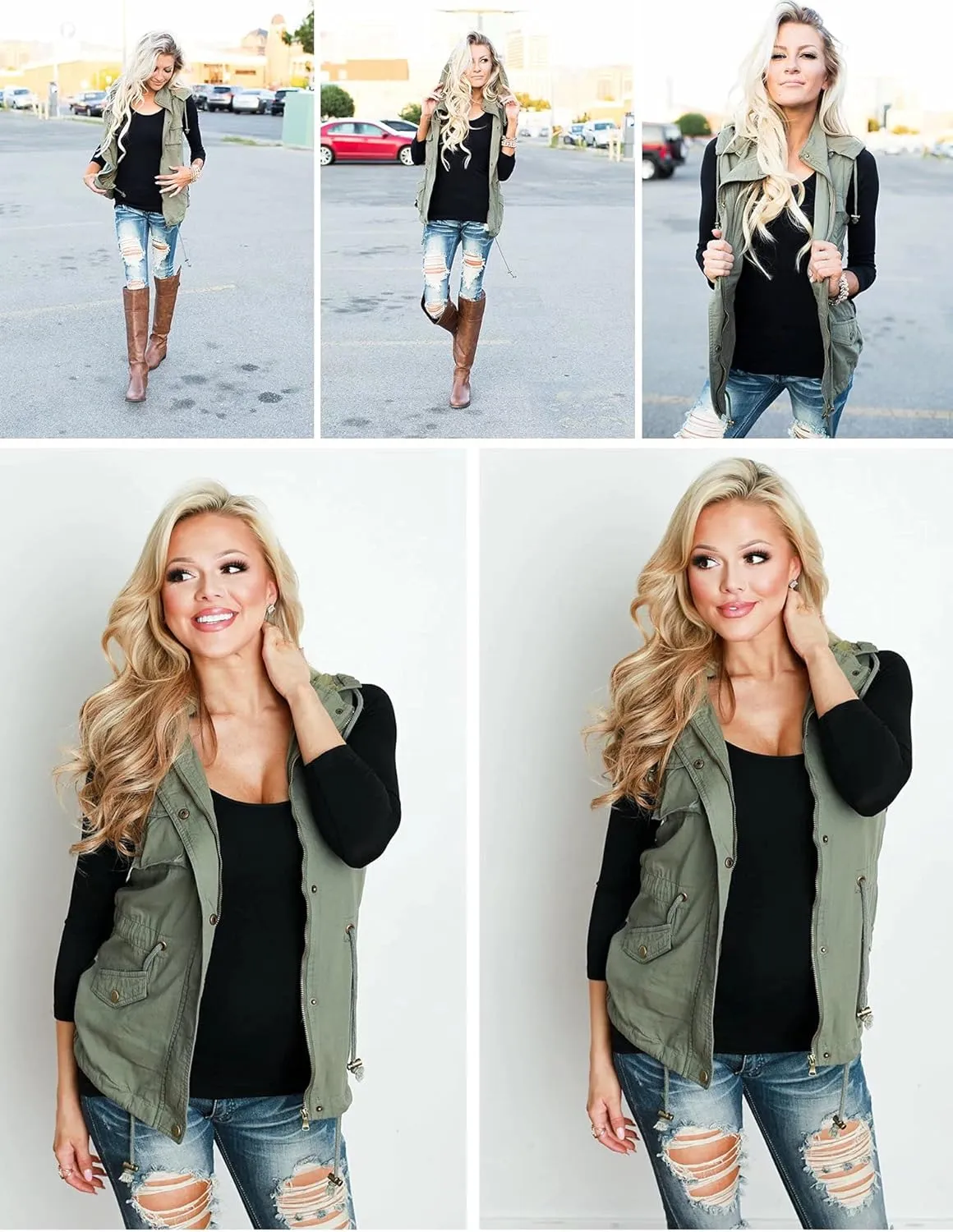 BBX Lephsnt Womens Utility Vest Drawstring Waist Military Sleeveless Jacket