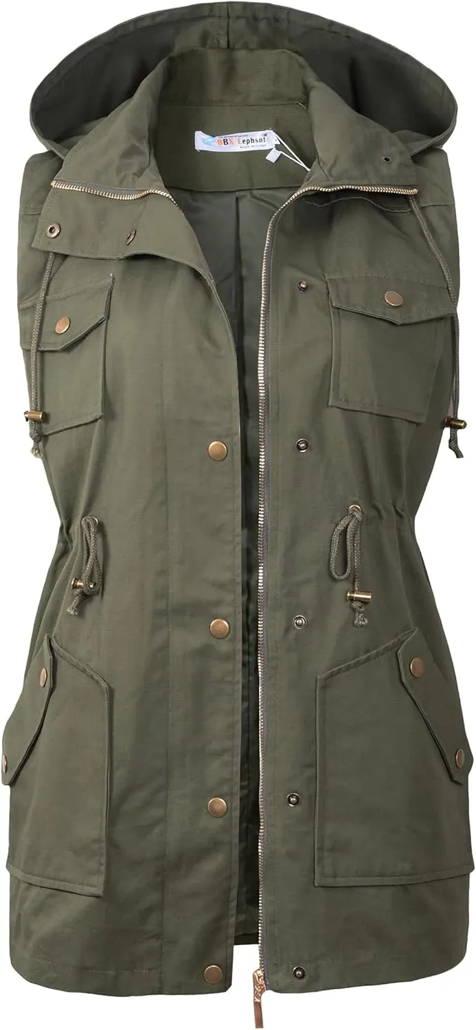BBX Lephsnt Womens Utility Vest Drawstring Waist Military Sleeveless Jacket