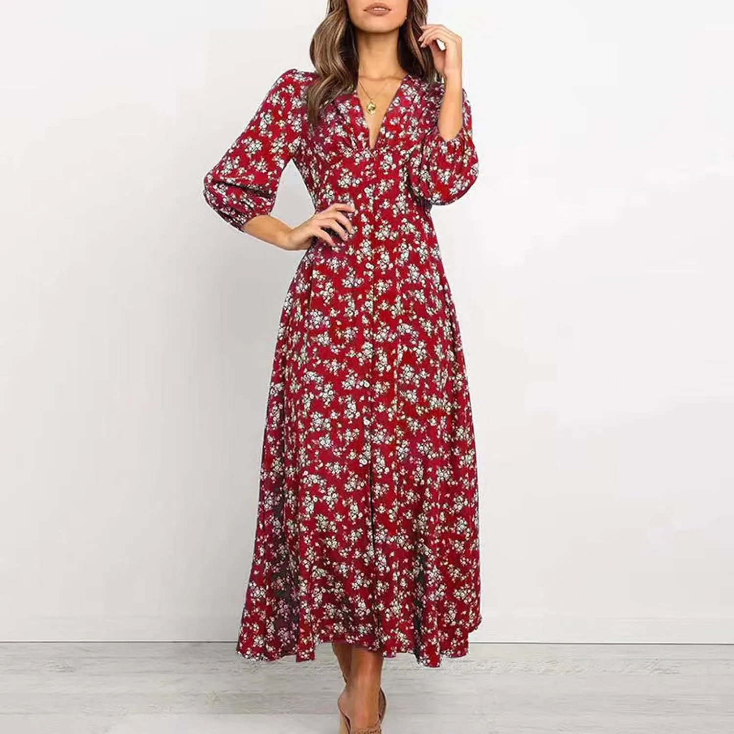 Beach Dresses for Women,2025 Spring Summer Trendy Floral Boho Dress,Elegant V Neck Flowy Ruched Vacation Maxidress