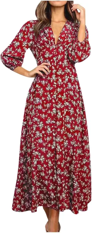 Beach Dresses for Women,2025 Spring Summer Trendy Floral Boho Dress,Elegant V Neck Flowy Ruched Vacation Maxidress