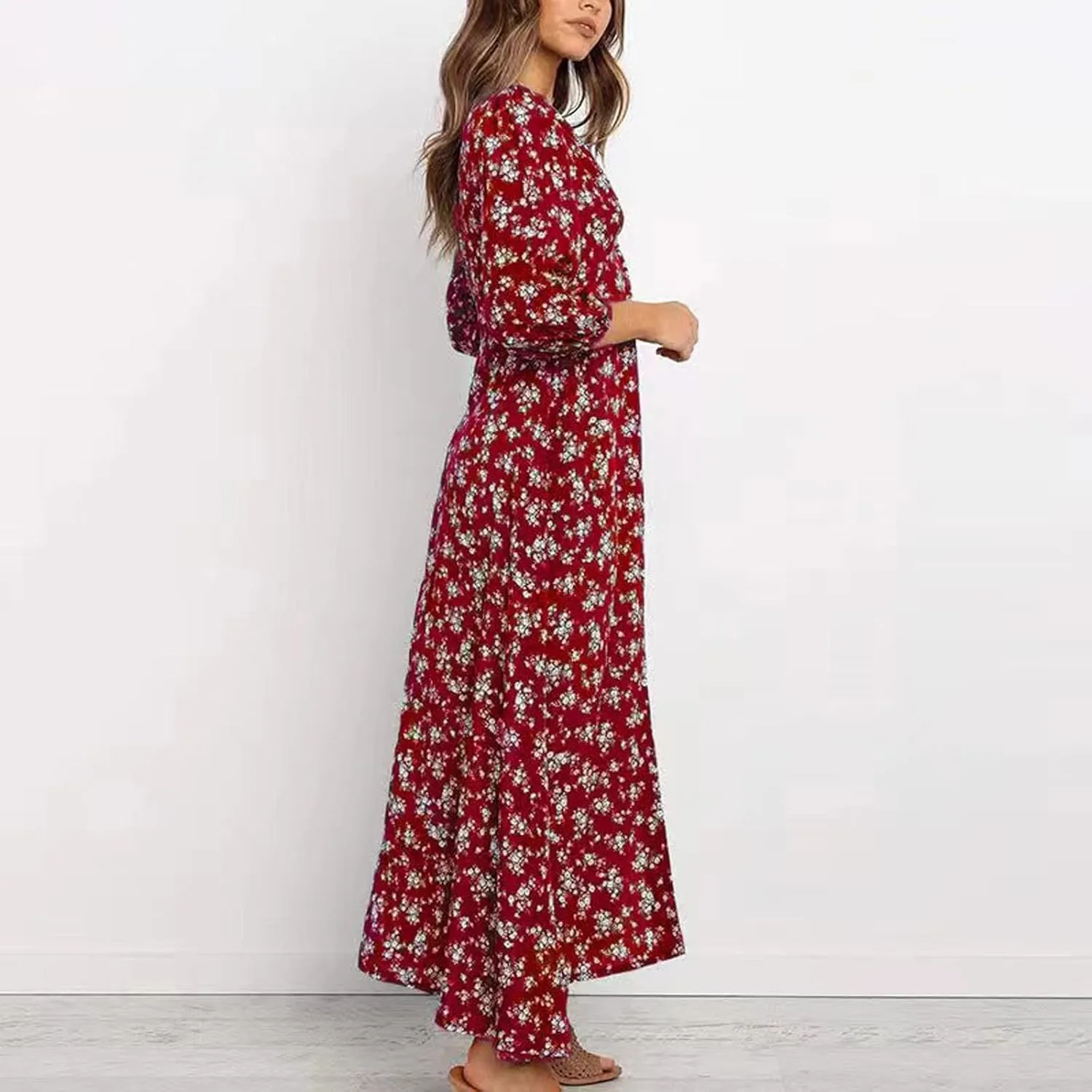Beach Dresses for Women,2025 Spring Summer Trendy Floral Boho Dress,Elegant V Neck Flowy Ruched Vacation Maxidress