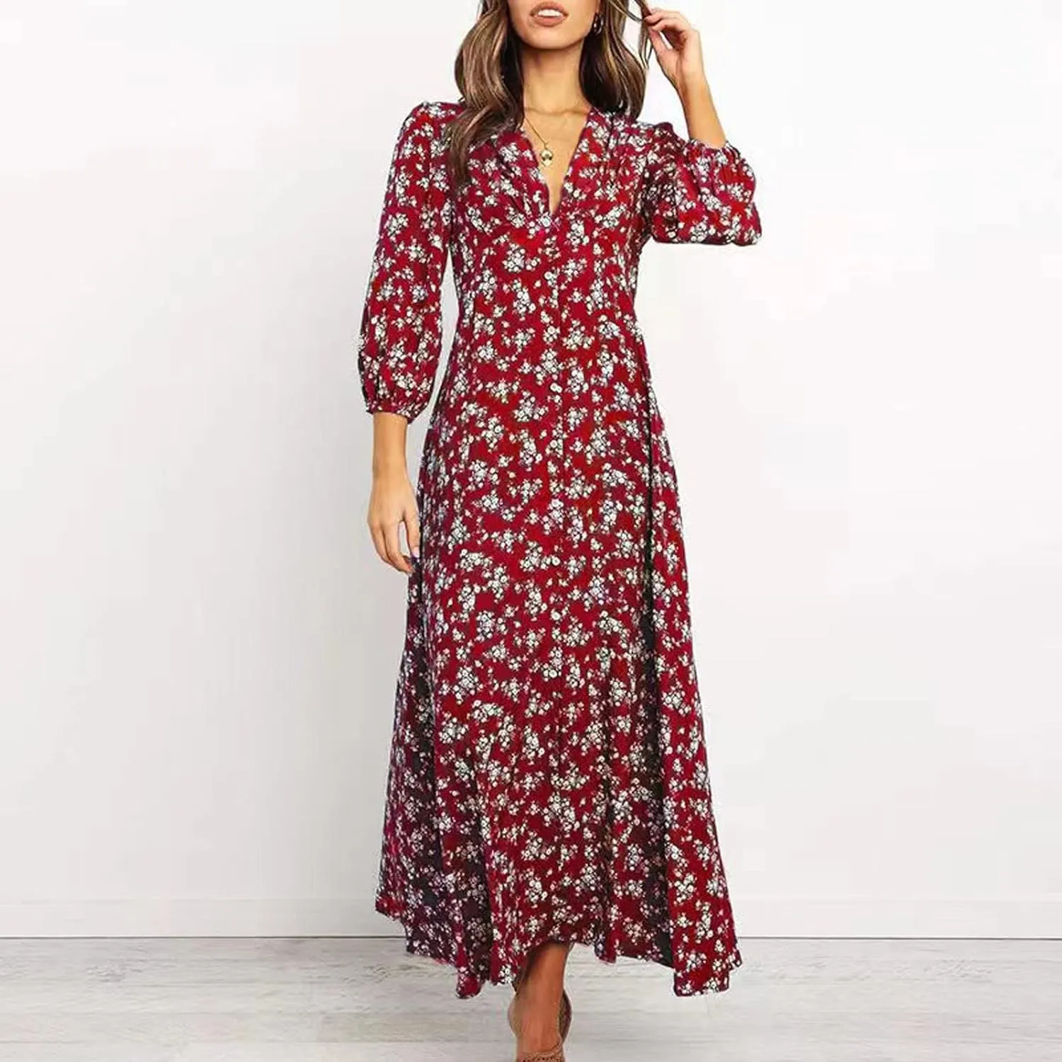 Beach Dresses for Women,2025 Spring Summer Trendy Floral Boho Dress,Elegant V Neck Flowy Ruched Vacation Maxidress