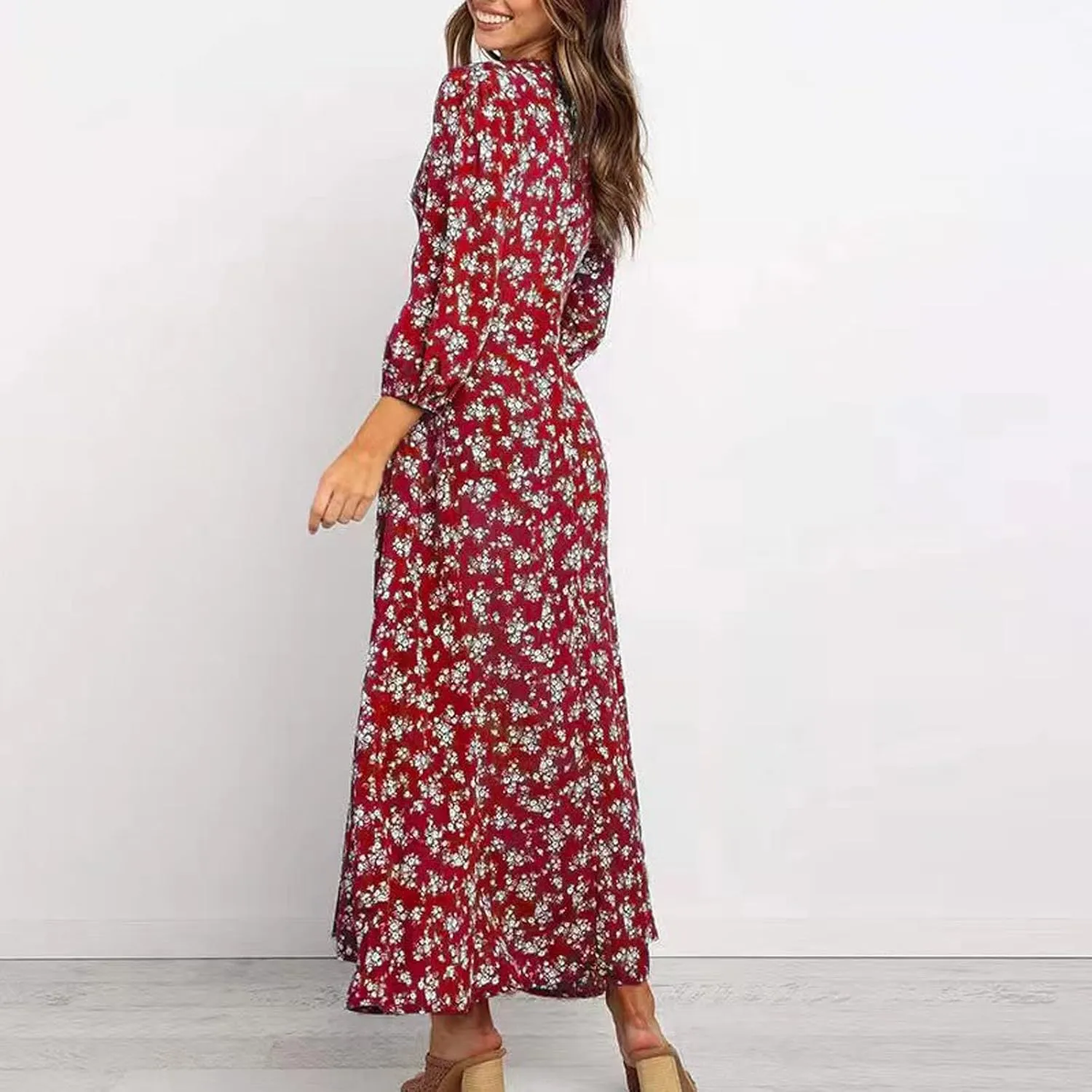 Beach Dresses for Women,2025 Spring Summer Trendy Floral Boho Dress,Elegant V Neck Flowy Ruched Vacation Maxidress