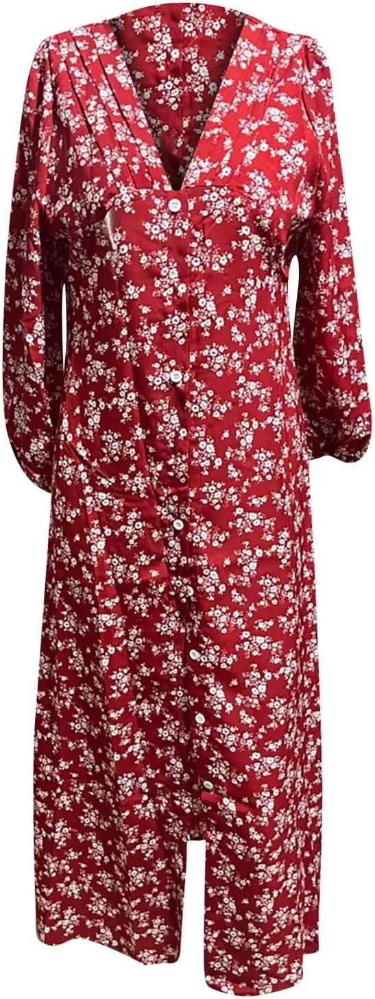 Beach Dresses for Women,2025 Spring Summer Trendy Floral Boho Dress,Elegant V Neck Flowy Ruched Vacation Maxidress