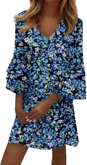 Beach Dresses for Women,2025 Summer Trendy Floral Print Boho Dress,Casual Loose V Neck Bell 3/4 Sleeve Mini Dress